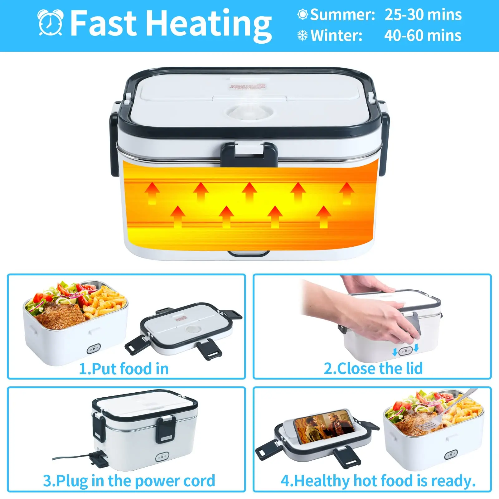 1.8L Electric Lunch Box 60W Food Heated 12V-24V 2-In-1 Portable Food Warmer Heater for Car/Truck/Home Self Heating Box - Image 11