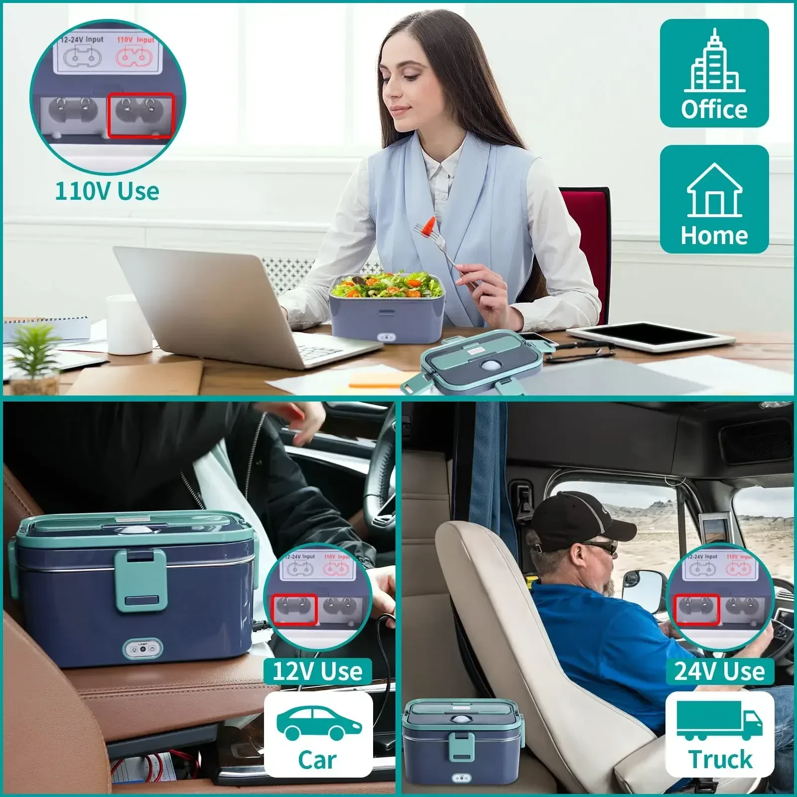 1.8L Electric Lunch Box 60W Food Heated 12V-24V 2-In-1 Portable Food Warmer Heater for Car/Truck/Home Self Heating Box - Image 2