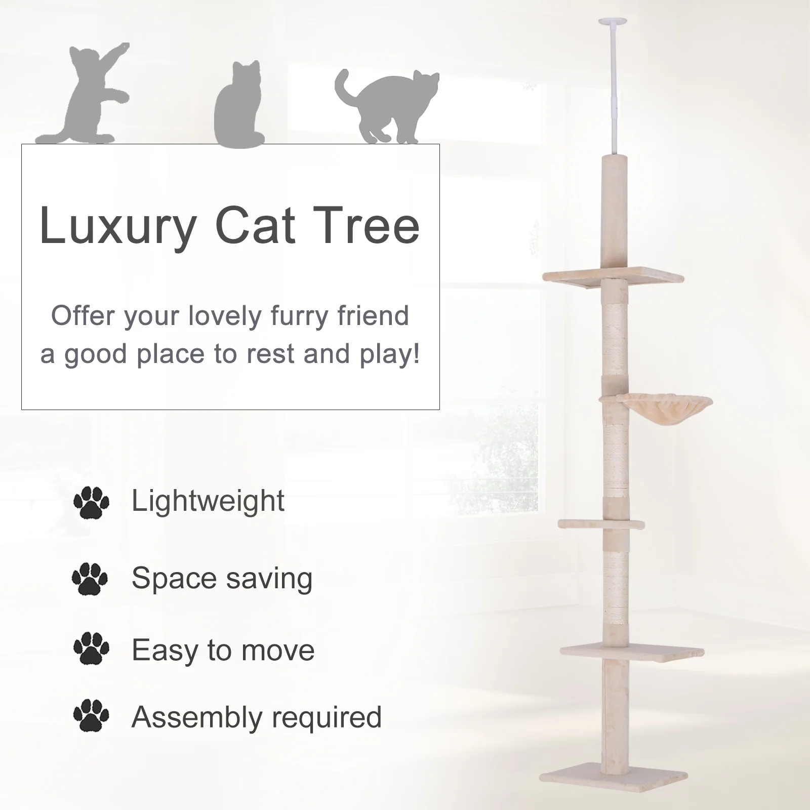 102" Adjustable Height Floor to Ceiling Cat Tree, 5 Level Cat Tower with Scratching Posts, Hammock, Beige - Image 5