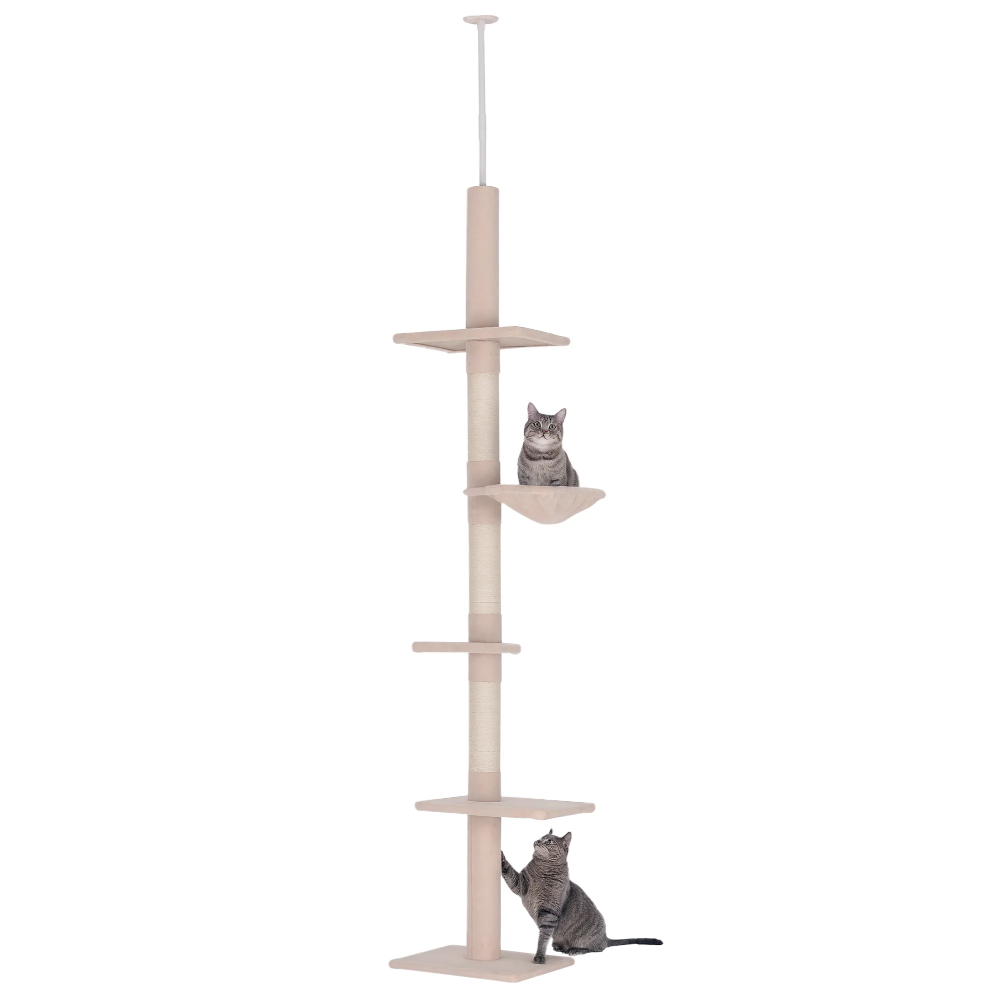 102" Adjustable Height Floor to Ceiling Cat Tree, 5 Level Cat Tower with Scratching Posts, Hammock, Beige - Image 9