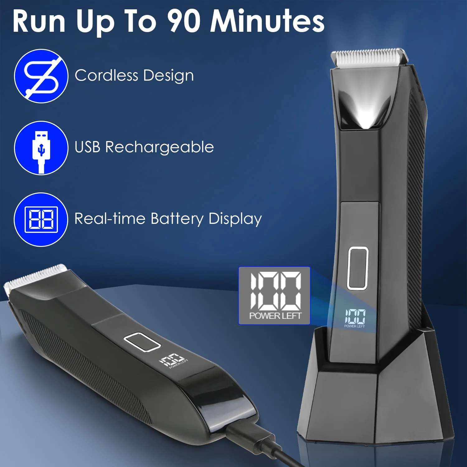 1Pc 2 In 1 Electric Body Trimmer For Men Cordless Beard Groin Ball Pubic Hair Shaver IPX7 Waterproof Razor With LED Light LCD Display Guard Comb Shaving Head - Image 3
