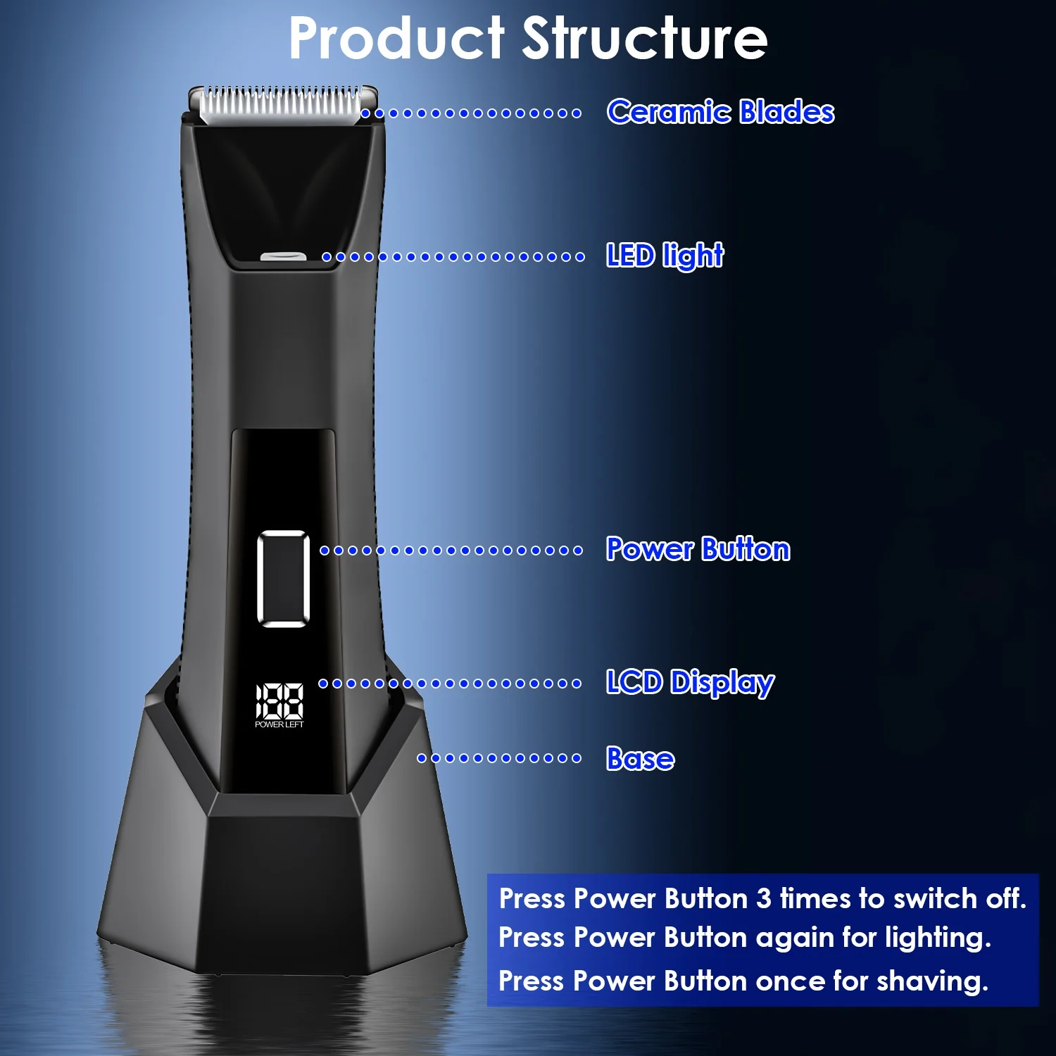 1Pc 2 In 1 Electric Body Trimmer For Men Cordless Beard Groin Ball Pubic Hair Shaver IPX7 Waterproof Razor With LED Light LCD Display Guard Comb Shaving Head - Image 6