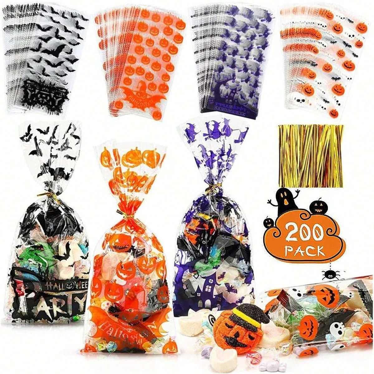 200 Pcs Halloween Gift Wrapping Bags With Twist Ties 5.1 X 10.8 Inch Cellophane Witch Bat Printing Flat Bag OPP Halloween Pumpkin Treat Packaging Bags For Party Favors Halloween Decoration - Image 3