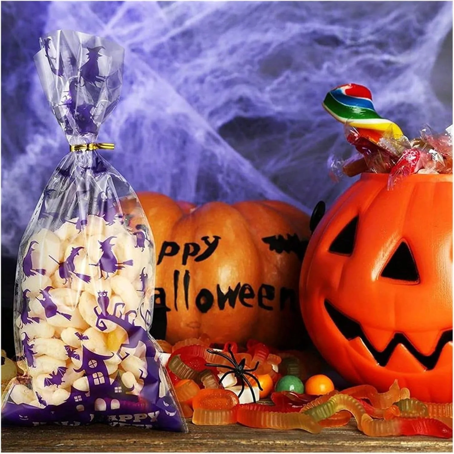 200 Pcs Halloween Gift Wrapping Bags With Twist Ties 5.1 X 10.8 Inch Cellophane Witch Bat Printing Flat Bag OPP Halloween Pumpkin Treat Packaging Bags For Party Favors Halloween Decoration - Image 7