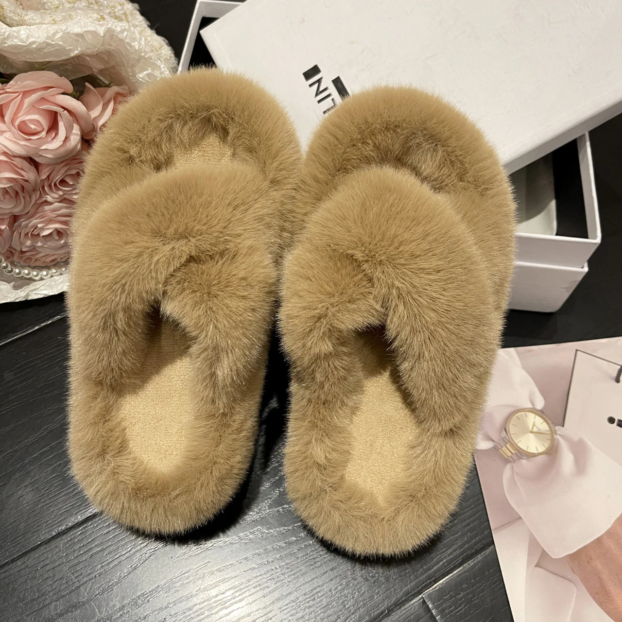Cross Exposed Toe Cotton Mop Large Home Slippers - Image 5