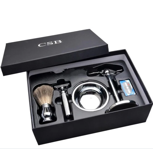 CSB Shaving Set Double Edge Safety Shaving Razor Men Badger Hair Brush Chrome Stand Mug Bowl Soap Kit 10 Free Blades - Image 5