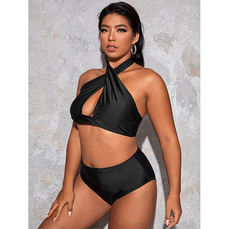 Hollow Out Solid Color Plus Size Split Swimsuit Women's High Waisted Bikini New Collection Beach Style Plus Size Swimsuit Y2k - Image 3