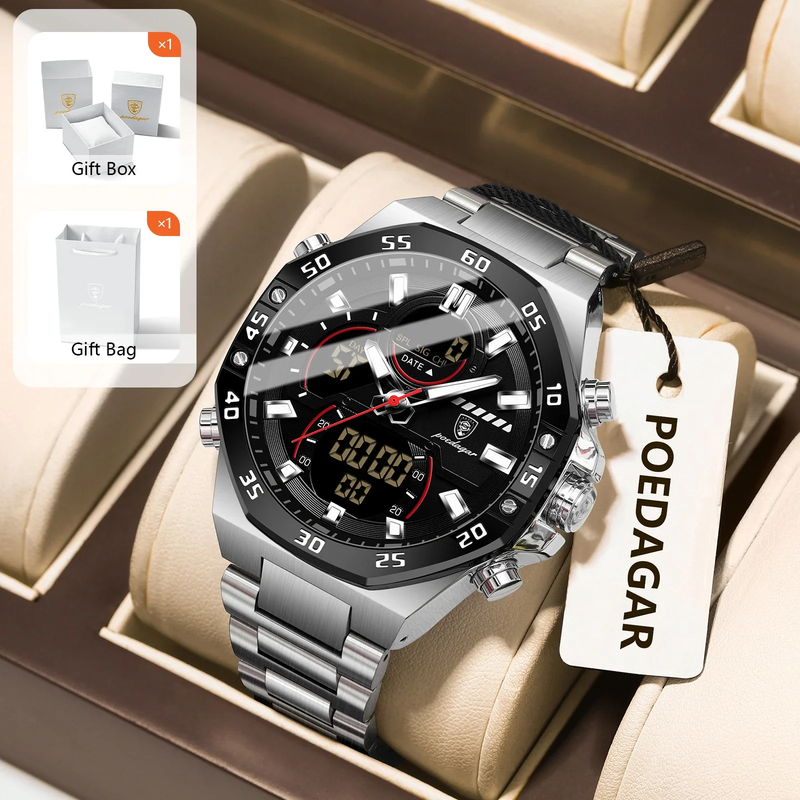 POEDAGAR Men’s Sport Watch – LED Waterproof Quartz - Image 10