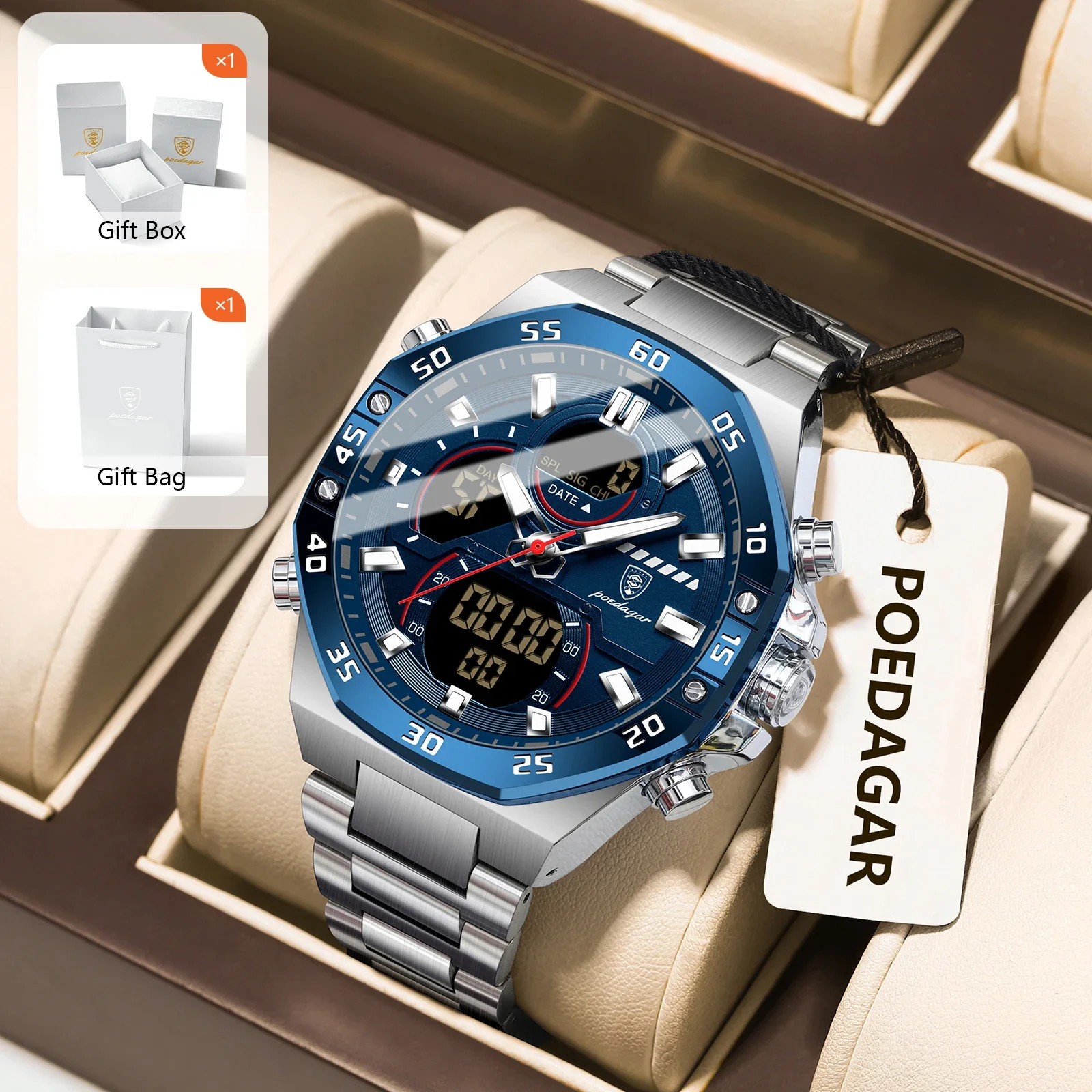 POEDAGAR Men’s Sport Watch – LED Waterproof Quartz - Image 11