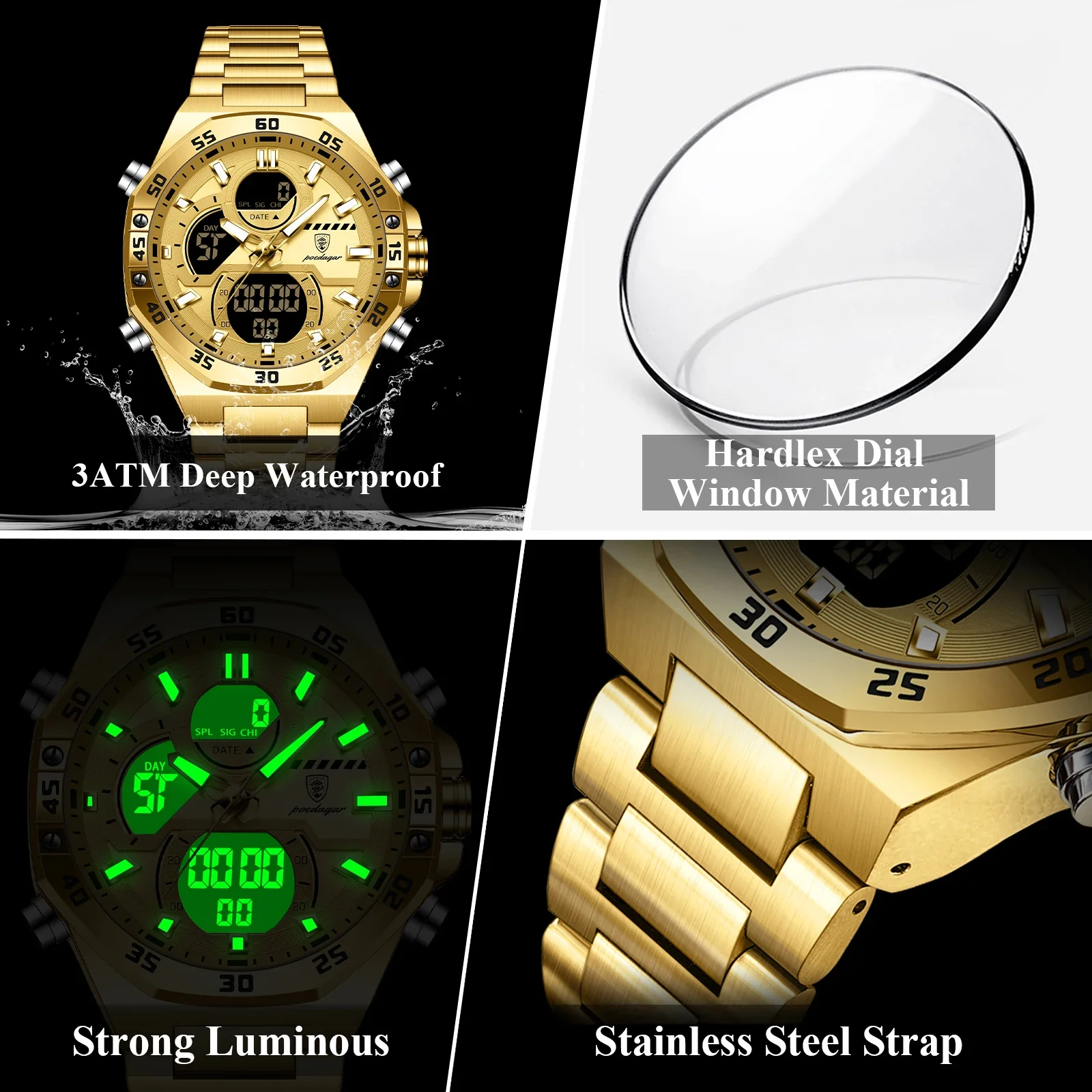 POEDAGAR Men’s Sport Watch – LED Waterproof Quartz - Image 3