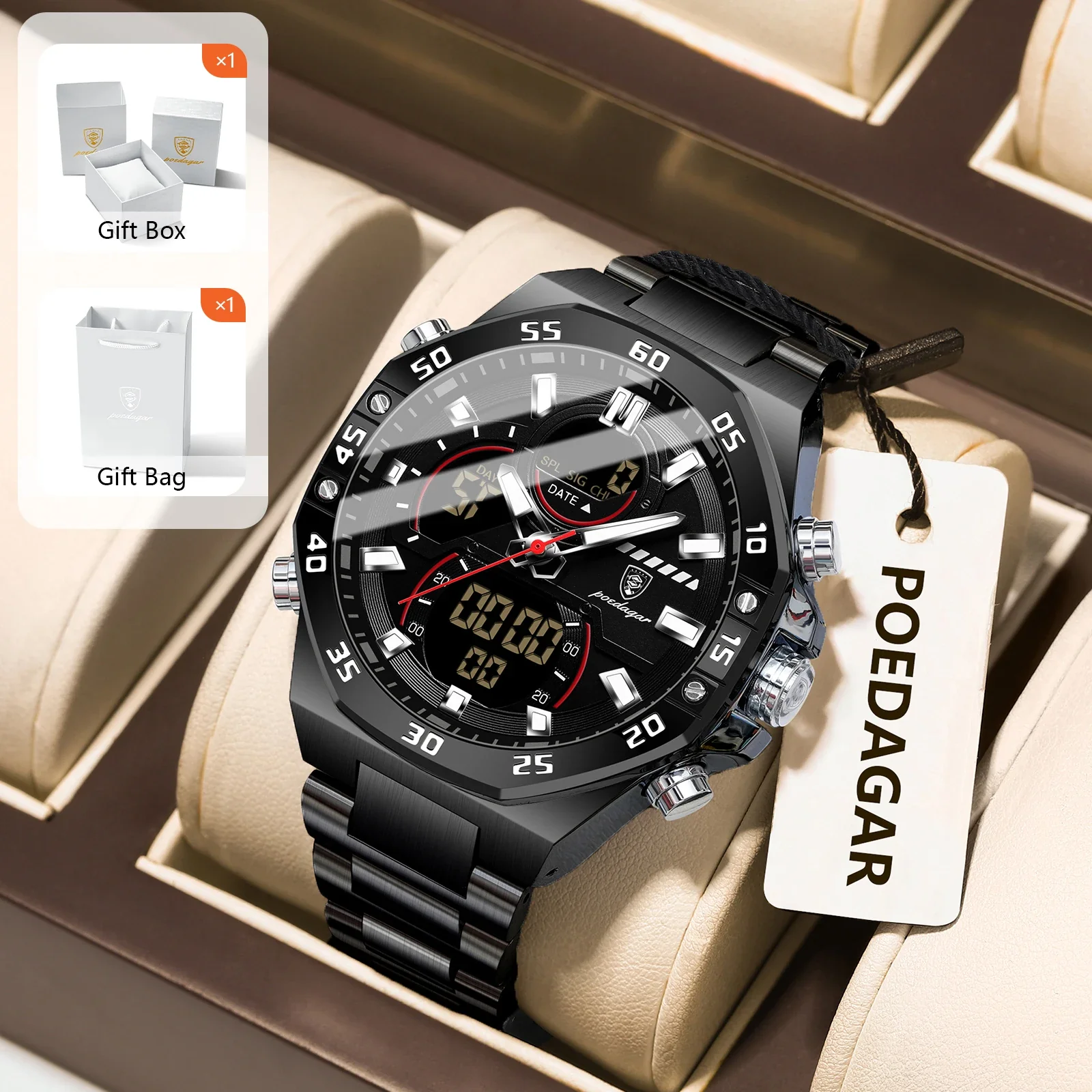 POEDAGAR Men’s Sport Watch – LED Waterproof Quartz - Image 5