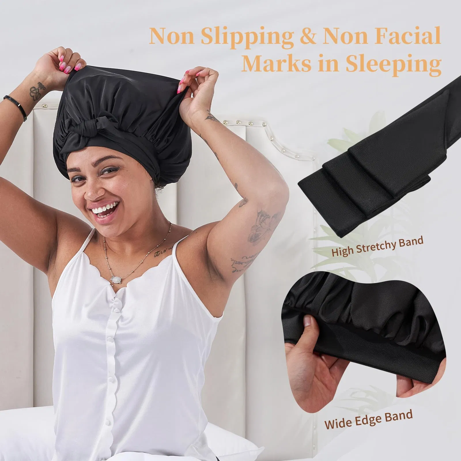 Silk Bonnet For Sleeping Women, Satin Hair Bonnet For Sleeping For Wavy Curly Natural Hair Women Men - Black - Image 4