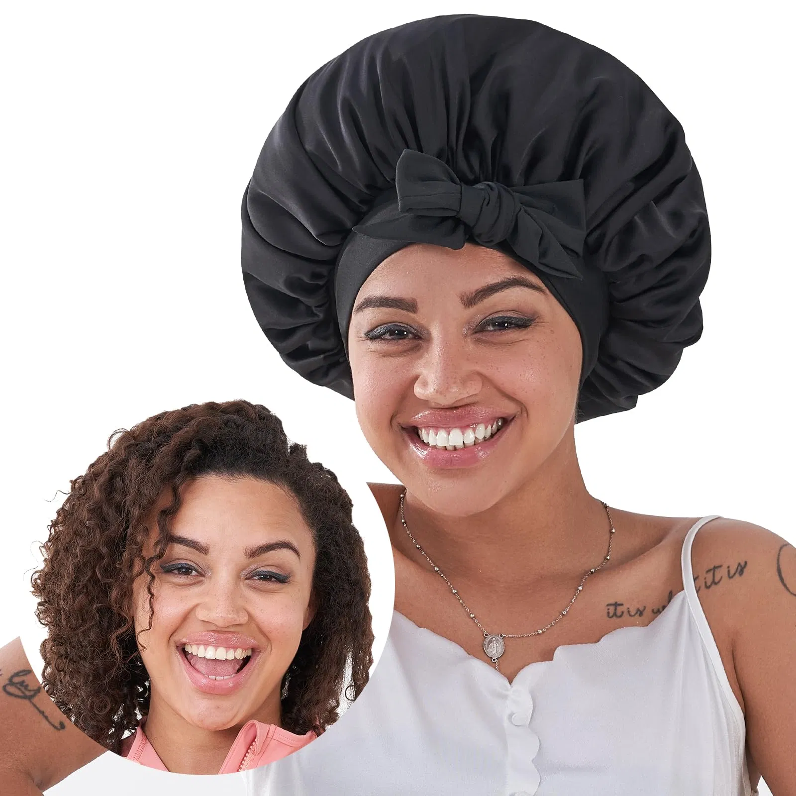 Silk Bonnet For Sleeping Women, Satin Hair Bonnet For Sleeping For Wavy Curly Natural Hair Women Men - Black - Image 7