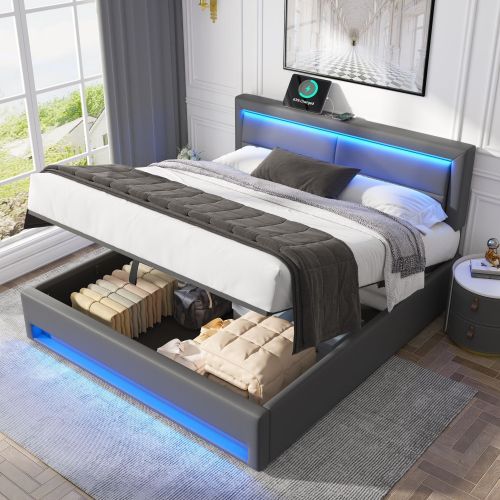 Upholstered Bed 135 X 190 Cm,Double Bed-4ft6,with USB Port Supports Wireless And Wired Charging, With LED Lighting And Storage Space, Without Mattress, PU-Lychee Design, Gray - Image 3