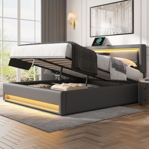 Upholstered Bed 135 X 190 Cm,Double Bed-4ft6,with USB Port Supports Wireless And Wired Charging, With LED Lighting And Storage Space, Without Mattress, PU-Lychee Design, Gray - Image 4