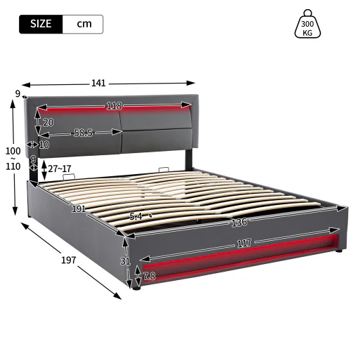 Upholstered Bed 135 X 190 Cm,Double Bed-4ft6,with USB Port Supports Wireless And Wired Charging, With LED Lighting And Storage Space, Without Mattress, PU-Lychee Design, Gray - Image 6